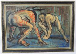 ALAN BARLOW (1926-2005) 'Wrestling the Bull Man' oil on canvas signed and dated '92 59.5 x 90cm
