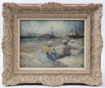 VIKTOR DE RUYTER Beach scene with seated figures oil on panel signed and dated '95 21.5 x 29cm