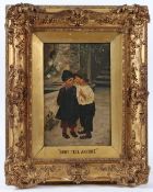 FRANK (EARLY 20TH CENTURY) 'Don't Tell Anyone' two Dutch children in conversation, oil on canvas