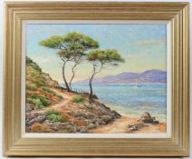 MERVYN GOODE 'Two pines and Blue Bay' oil on canvas signed 34.5 x 44.5cm