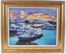 MIKHAIL ZHAROV Yachts at night time moorings oil on board signed 39 x 49cm