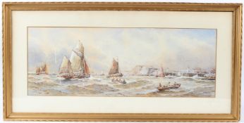 CHARLES FREDERICK ALLBON (1856-1926) Fishing boats off a coastline watercolour signed 25 x 68cm