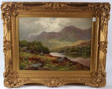 HENRY DEACON HILLIER-PARKER (1858-1932) 'Loch Earn' Mountain landscape with figures on the Loch side