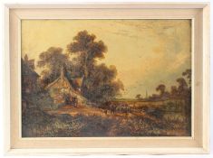 ENGLISH SCHOOL (19TH CENTURY) Landscape with cottages and shepherd on a path towards distant