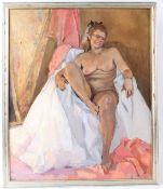 JULIET RENNY Female nude asleep on a studio drape oil on board signed another study verso 61 x 50.