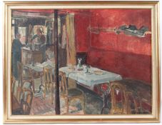 CONTINENTAL SCHOOL (MID 20TH CENTURY) Interior view of a cafe oil on canvas signed indistinctly 45 x
