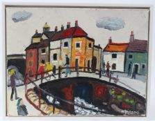 ALAN FURNEAUX View of a town with people crossing a footbridge oil on canvas signed 35 x 45cm