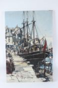 CIRCLE OF BEN MAILE Corner of a busy harbour oil on board signed indistinctly unframed but mounted