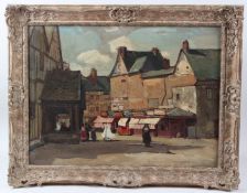 LEONARD RICHMOND 'Southern France' market square oil on board artists label verso 46.5 x 63cm