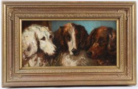 MANNER OF JOHN EMMS Study of three dogs' heads oil on canvas inscribed verso 19 x 39cm
