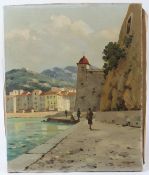 BERNARD RIGHETTI (1882-1965) Harbour view with distant hills oil on canvas signed unframed 46 x 37.