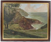CIRCLE OF JAMES HUMBERT CRAIG Sheep grazing above a bay with headland beyond oil on cardboard 51 x