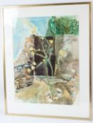 KJERSTIN HALDEN-WALLMAN Flowers before a gate and wall watercolour signed 67 x 51.5cm