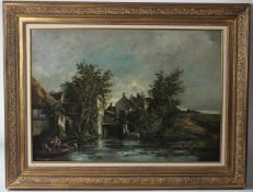 CONTINENTAL SCHOOL Landscape with view of a watermill oil on canvas signed indistinctly, Laurent? 63