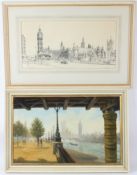 GEORGE PATIENT 'South Bank from Hungerford Bridge' oil on board signed 37 x 60cm and 'The Palace