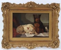 VINCENT DE VOS (1829-1875) Two terriers seated on a newspaper oil on panel signed and dated 1864