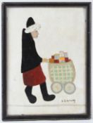 AFTER LOWRY Woman pushing a trolley oil on card 28 x 20cm