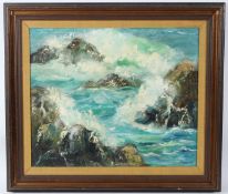 AMERICAN SCHOOL (20TH CENTURY) Waves braking on rocks oil on canvas signed indistinctly 49 x 60cm
