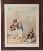 SCOTTISH SCHOOL (19TH CENTURY) Children on a beach with baskets of fish watercolour 38.5 x 30cm