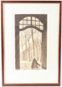 CONTINENTAL SCHOOL (20TH CENTURY) View through a doorway of a nun and church, etching, 10/20