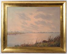 20TH CENTURY River view oil on canvas (a/f) signed indistinctly 58 x 78cm