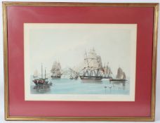 EDWARD DUNCAN AFTER HUGGINS 'The opium ships at Lintin in China 1824' hand coloured aquatint (