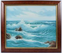 FLETCHER (20TH CENTURY) Seascape with waves breaking on rocks oil on canvas signed 48.5 x 58.5cm