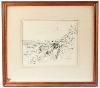 CHARLOTTE HALLIDAY 'Brancaster Marsh' pen and ink, exhibition label verso signed and dated 1960 22 x