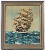 LIONEL ROUSE (1911-1984) Clipper at sea oil on board artists card verso 44 x 39cm