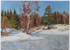 RUSSIAN CONTEMPORARY SCHOOL Winter landscape oil on canvas signed further signed, inscribed and
