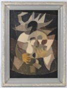 20TH CENTURY Abstracted man seated at a card table oil on board 69 x 49cm