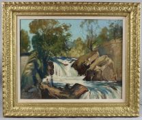 S J LAMORNA BIRCH (1869-1955) Landscape with children by a waterfall, oil on canvas signed, 43 x