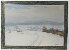 ISTVAN HALASI HORVATH (1904-1994) Winter landscape with a path through snow, oil on canvas, signed