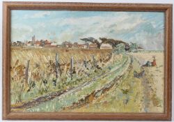 R F PINE Seaside village with figures and dog on a beach oil on canvas board signed 40.5 x 60.5cm