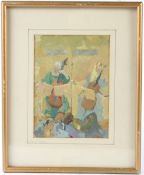 JAMIE FORBES Two cellists in front of an audience oil on board signed in panel on mount further