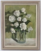 KERINA BEHR White roses in a vase oil on board signed 40 x 30cm