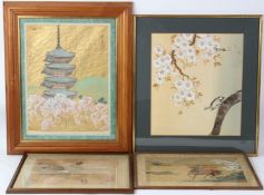 CHINESE SCHOOL Bird and blossom stamped seal mark 40 x 35cm and three other pictures (4)