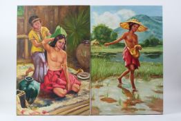 CIRCLE OF CESAR AMORSOLO Young Filipino woman planting rice and another having her hair dried pair