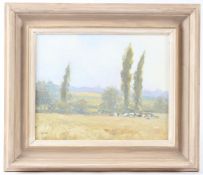 LAURENCE BELBIN Landscape with cattle in a field and a town or village in the distance oil on