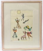 Desmond MORRIS (b.1928) Figures and sun mixed media on paper signed with initial and dated '08 28.