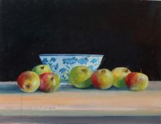 MALCOLM WINTER 'Hibicus blue and white bowl with apples' oil on board signed and inscribed in pencil