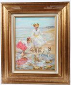 KONSTANTIN RAZUMOV (b.1974) Children with dog playing on a seashore oil on canvas signed inscribed