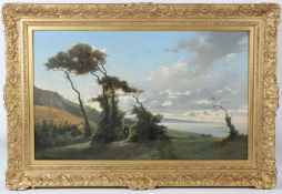 ERNEST J DUMAX (1811-1900) Coastal landscape with figure standing amongst trees oil on canvas signed
