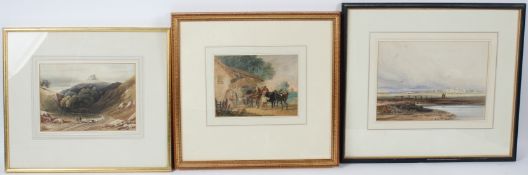 ENGLISH SCHOOL (MID 19TH CENTURY) Three watercolours 'Wayfarers before a ruin' 19 x 26cm 'The