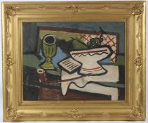 20TH CENTURY Still life of fruit bowl and pipe, oil on board 48.5 x 63.5cm