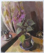 MODERN BRITISH SCHOOL Still life of a plant by a window sill oil on canvas unframed 55.5 x 45.5cm