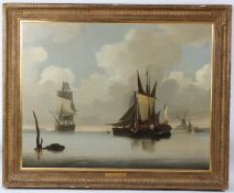 FREDERICK CALVERT Moored fishing boats off a headland with windmill oil on canvas name plaque to