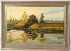 YEVGENI GOLOLOBOV Lakeside evening landscape oil on canvas signed 61.5 x 91.5cm