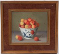 GERALD NORDEN (1912-2000) 'Cherries in a blue and white bowl' oil on board signed and dated '86 14.5