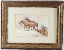 ERNEST GEORGE BEACH Ploughman behind two horses watercolour 18 x 26cm